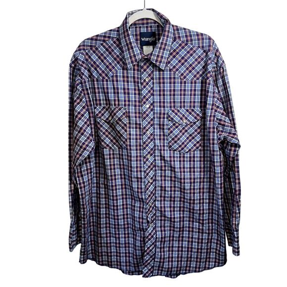 Wrangler Other - Wrangler Western Pearl Snap Shirt Mens SZ XL Tall Blue Red Plaid Cowboy Rodeo